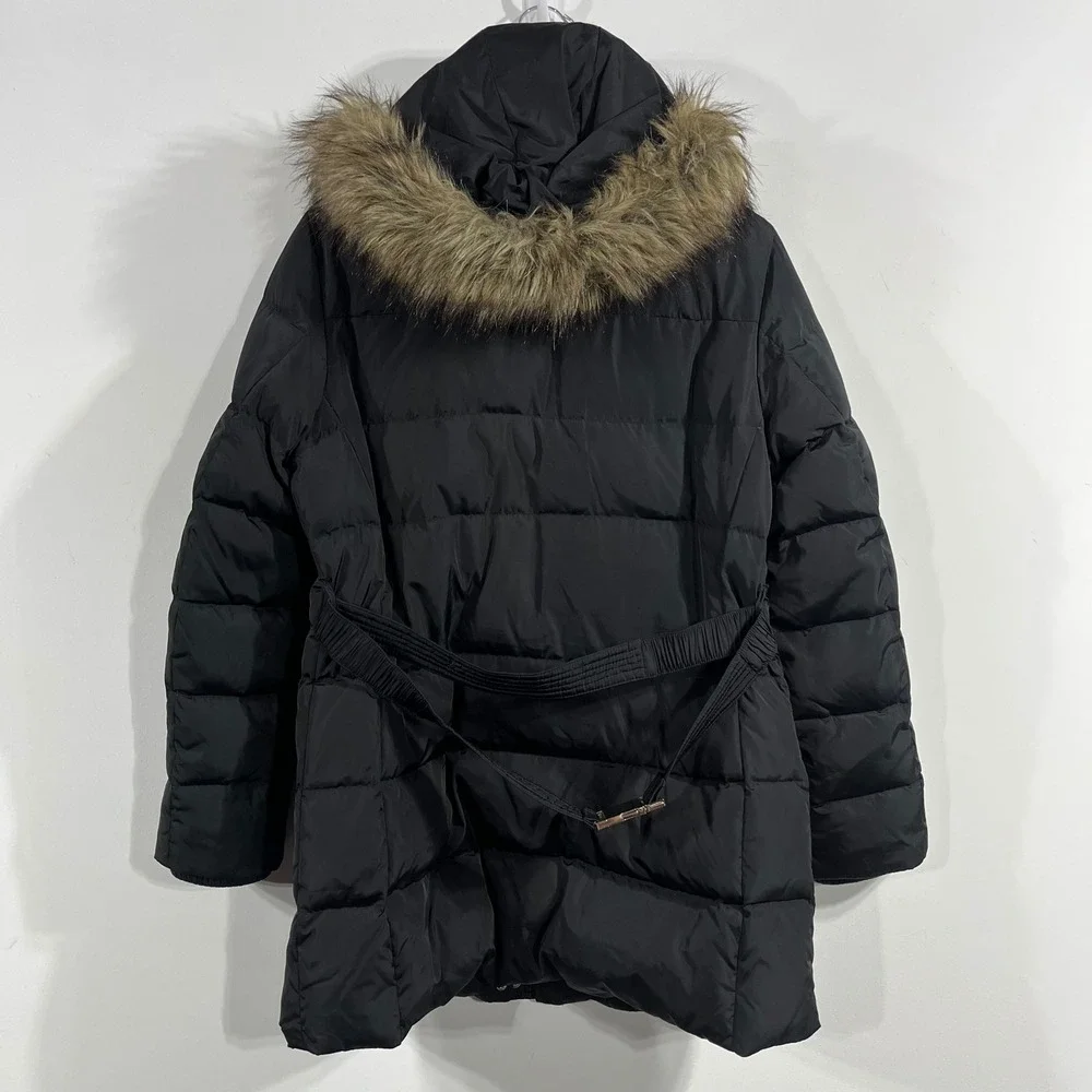 Michael Michael Kors Black Puffer Coat Faux Fur Hood Belted Winter Jacket Large